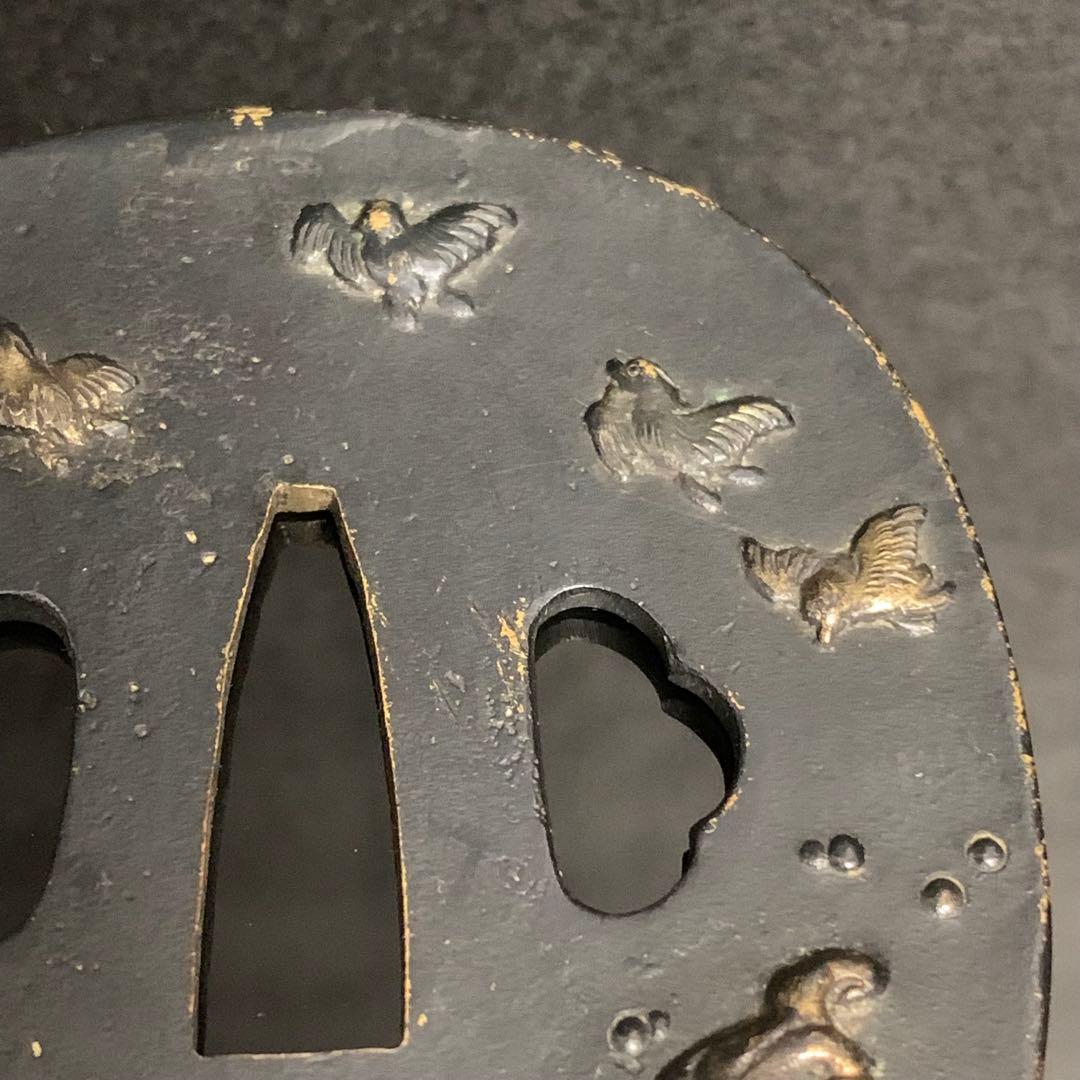 《アンティーク希少レア品！》⭐︎荒波 鳥 鍔つば　江戸期 銅 刀剣鍔♪⭐︎