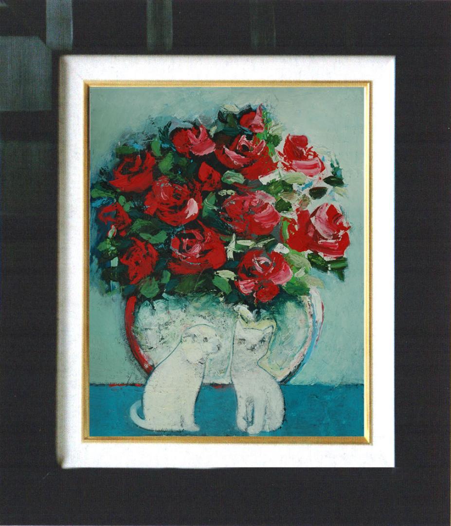 油絵 菅家令子 絵 絵画インテリア 額付(黒) uF6-070619 子猫と子犬