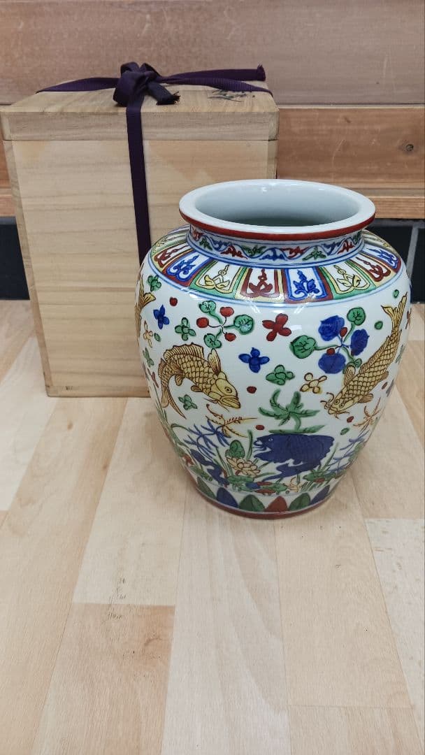 時代物中国美術中国古玩明代明時代五彩魚藻文壺大明萬暦年製花瓶花入花器中国古陶磁