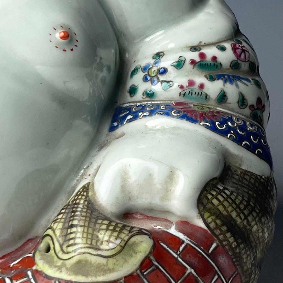 優美 粉彩布袋 江西景徳 朱茂記造 底款 色絵 布袋像 座布団付 仏教中国美術