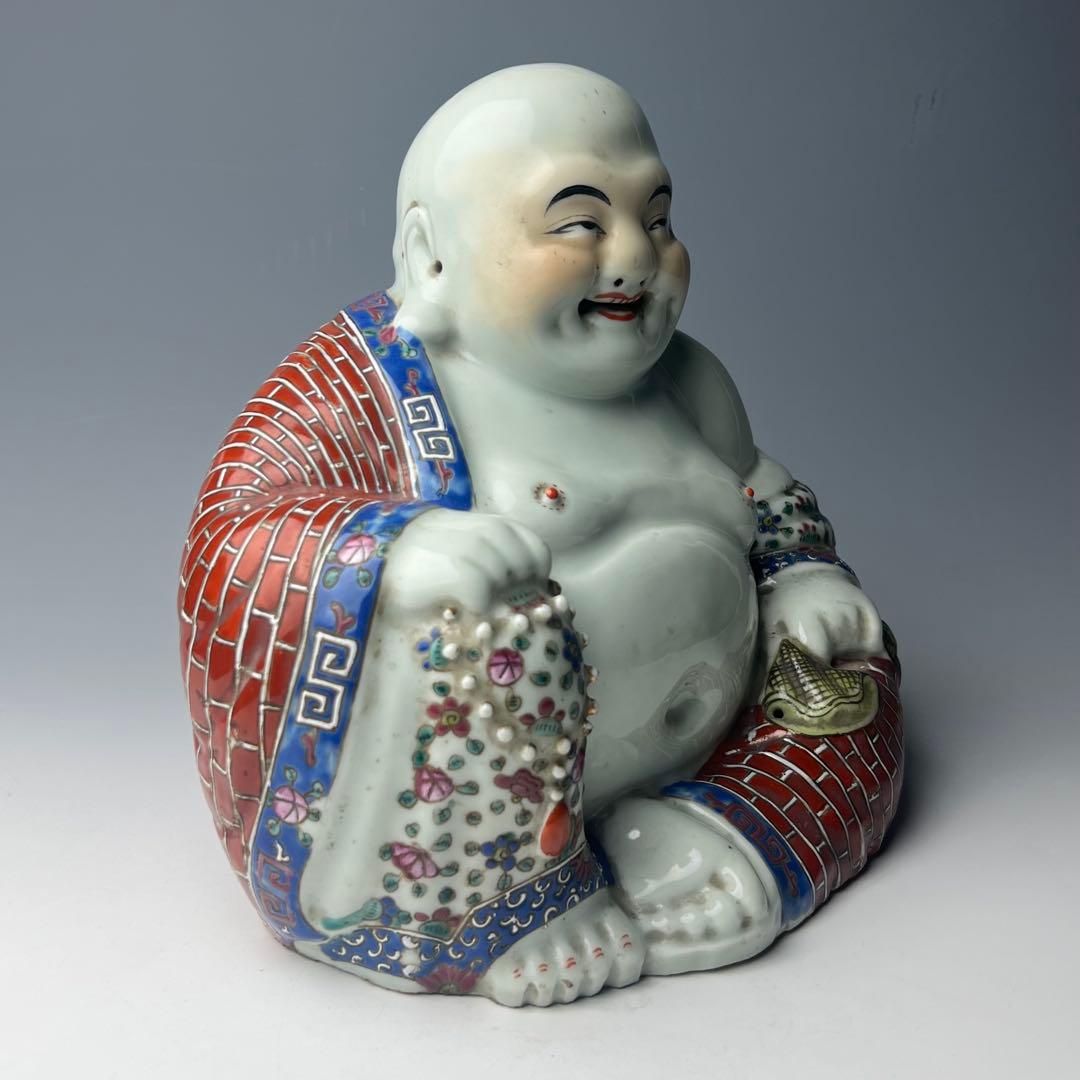 優美 粉彩布袋 江西景徳 朱茂記造 底款 色絵 布袋像 座布団付 仏教中国美術