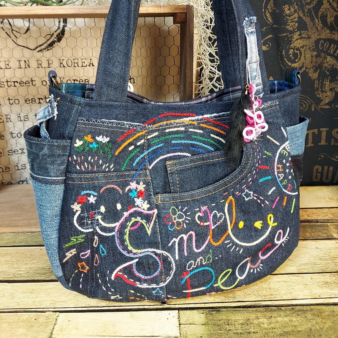 刺繍デニムバック　No.638　デニムリメイク　チューリップバック　刺繍バック