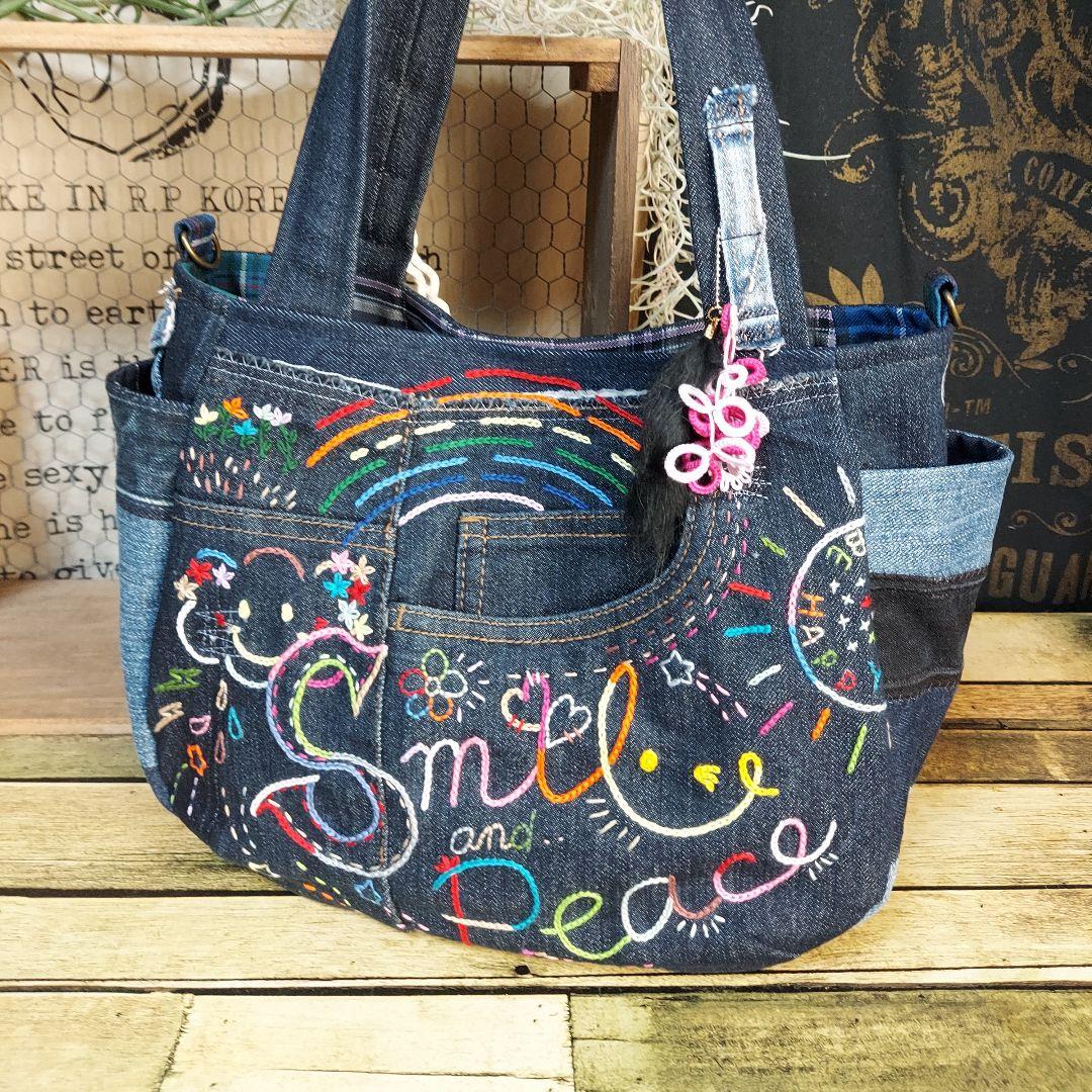 刺繍デニムバック　No.638　デニムリメイク　チューリップバック　刺繍バック