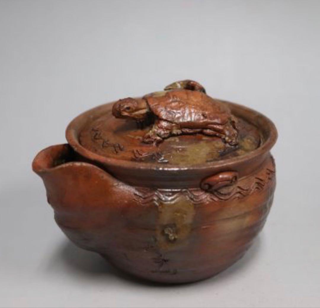 カセ赤秞備前焼名工岡安宮山人作備前陶器亀摘手造宝瓶長寿母子亀