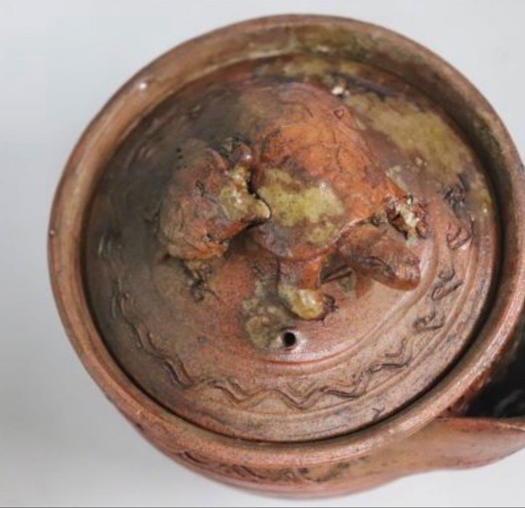 カセ赤秞備前焼名工岡安宮山人作備前陶器亀摘手造宝瓶長寿母子亀