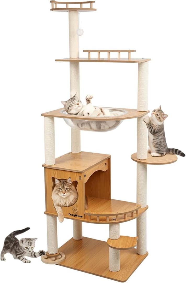 キャットタワー 木製 据え置きスリム多頭飼い キャットハウス爪とぎ おしゃれ