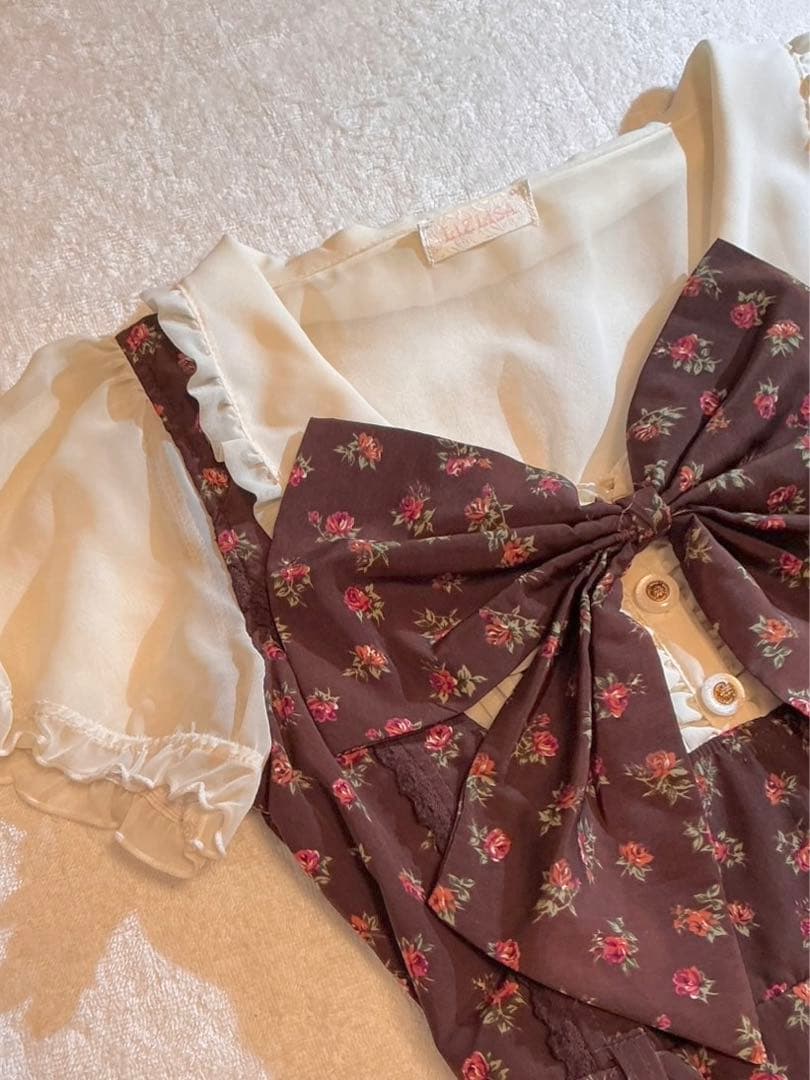 LIZLISA 希少 BIGリボンAラインワンピース 重ね着風 ローズ柄 姫カジ