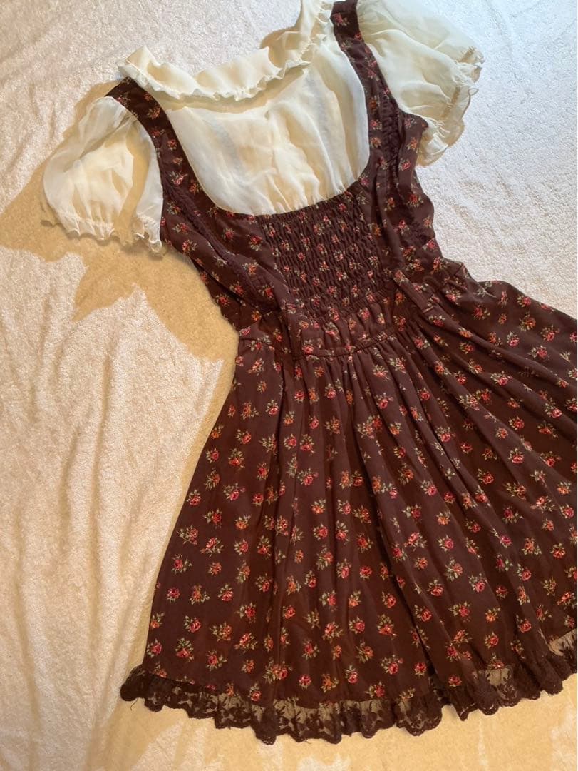 LIZLISA 希少 BIGリボンAラインワンピース 重ね着風 ローズ柄 姫カジ