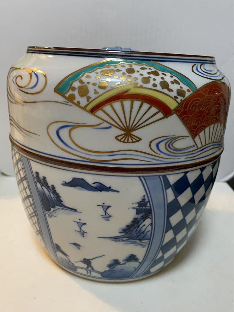 染付金蘭手山水文扇面文水指建水蓋 置物 時代物