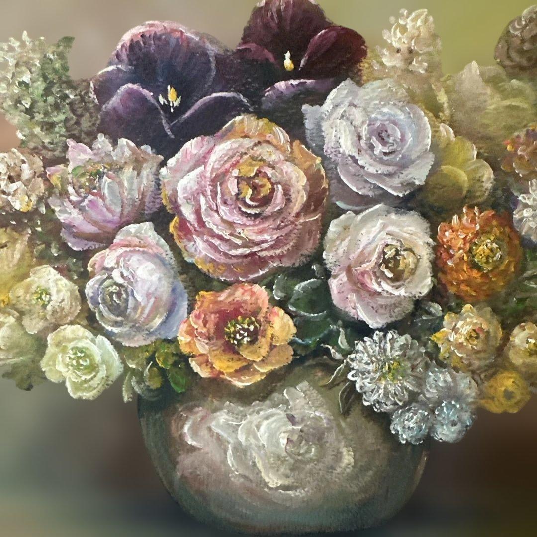肉筆　真作　絵画　花瓶の薔薇の油彩画　美術品　ア-ト　インテリア　静物画
