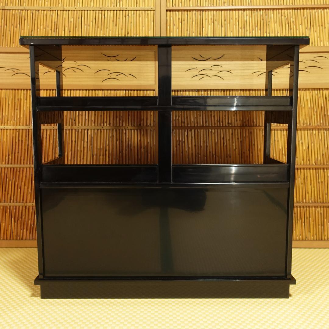 送料無料 輪島塗 沈金師 小西啓介 黒塗 沈金 松鯉図 飾棚 天然木製漆器