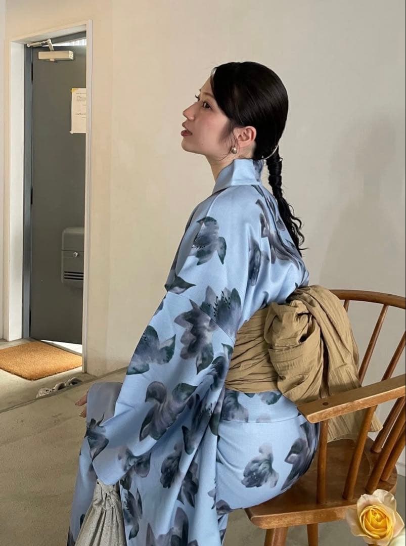青色花柄浴衣・帯・巾着セット