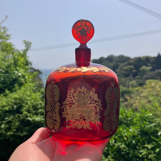 エナメル金彩 吹きガラス ルビーガラス パフューム ボトル リキュールボトル