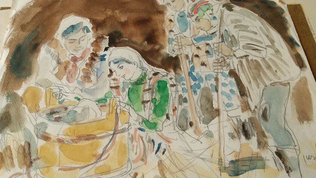 古沢岩美 キリスト誕生 聖夜 水彩まくり クリスマス