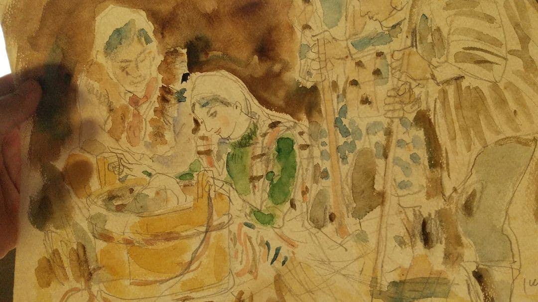 古沢岩美 キリスト誕生 聖夜 水彩まくり クリスマス