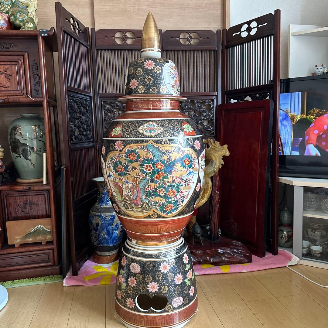 特大　九谷焼飾り壺 人物花鳥図　高さ約125cm 沈香壺 三段壺　陶芸　骨董品