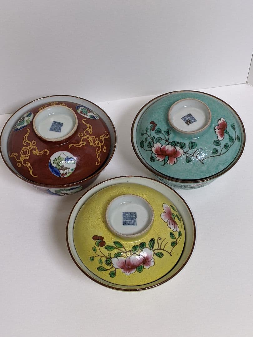 砥部焼、郡中十錦　茶碗3点