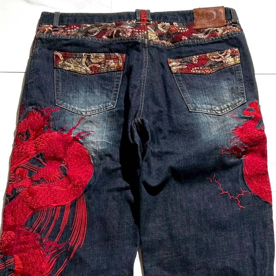 【美品✨希少】絡繰魂 流儀 デニムパンツ 2XLサイズ 龍 和柄 刺繍 ブルー