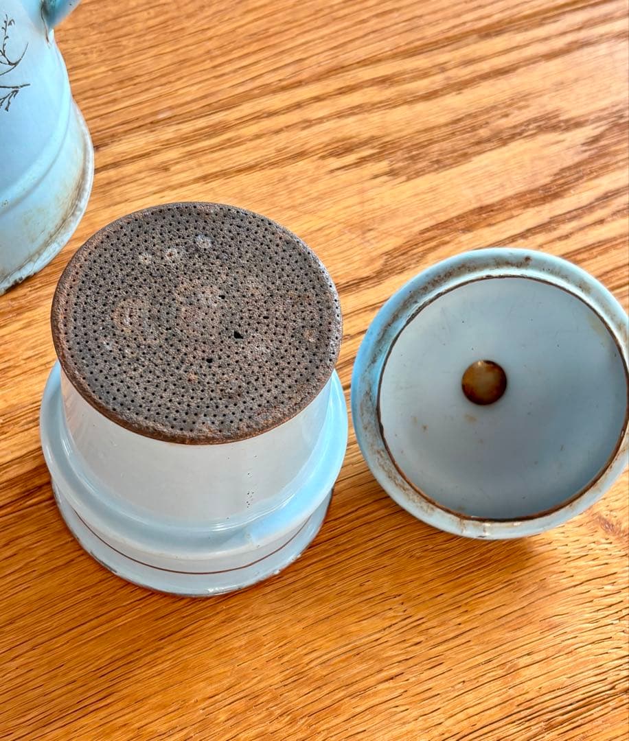 フランスアンティーク ホーローコーヒーポット ブルー 手描きのお花