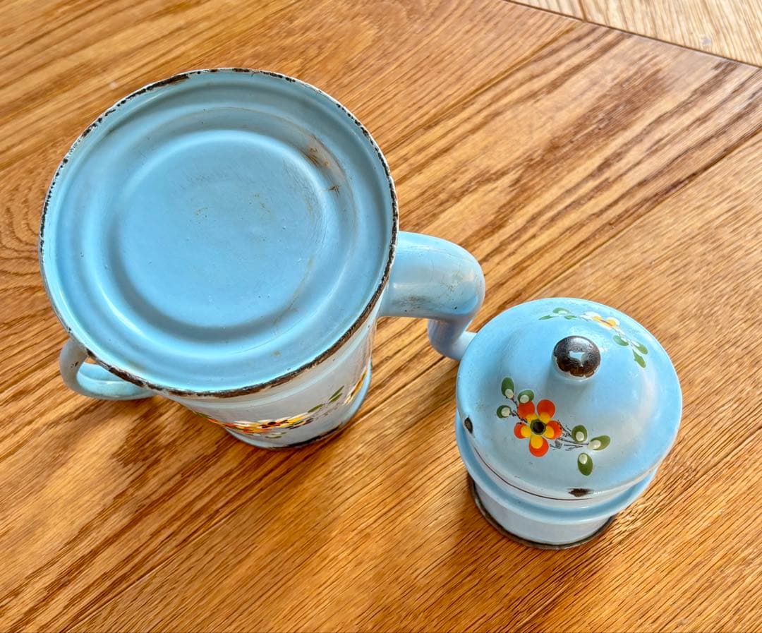フランスアンティーク ホーローコーヒーポット ブルー 手描きのお花