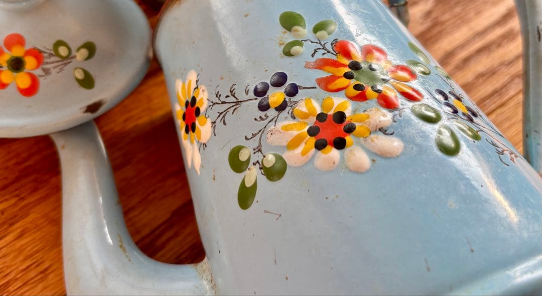 フランスアンティーク ホーローコーヒーポット ブルー 手描きのお花