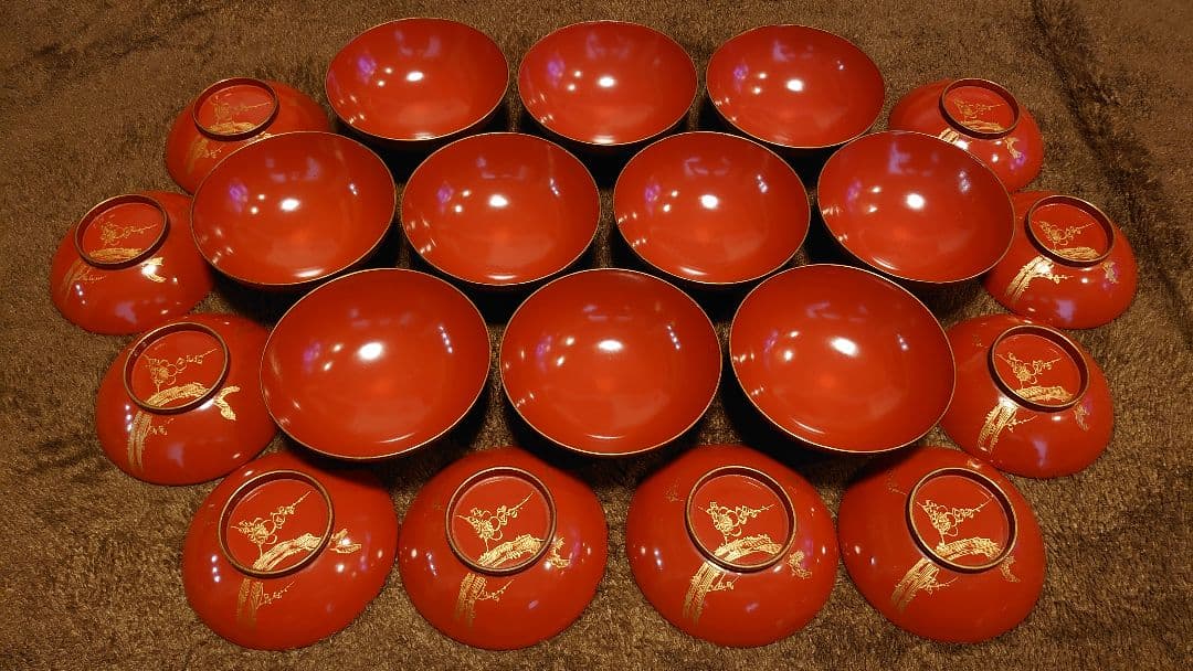 輪島塗　漆器　沈金　 梅鶯の図　蓋椀　菓子椀　蔵出し　10客