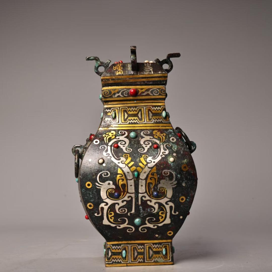 中国古美術 珍蔵 錯金銀 宝石嵌 青銅方花瓶 純青銅製 風水開運 文房置物