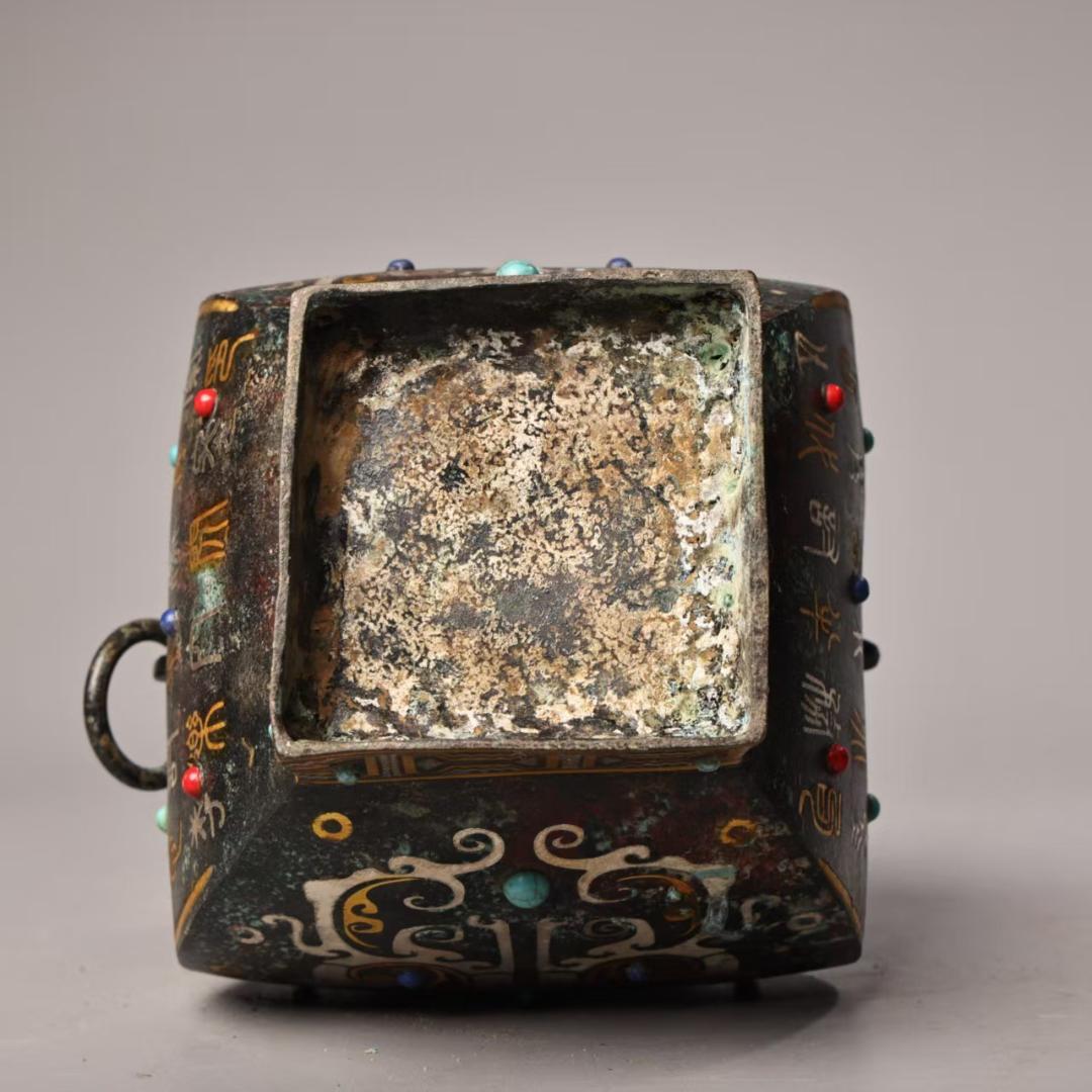 中国古美術 珍蔵 錯金銀 宝石嵌 青銅方花瓶 純青銅製 風水開運 文房置物