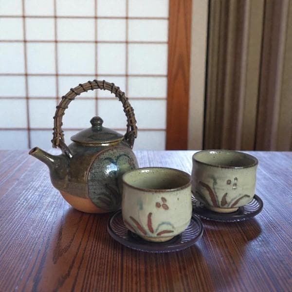 中村芳楽 作 天月窯 急須 湯呑 セット 竹製茶托付き 陶芸 茶器 煎茶器