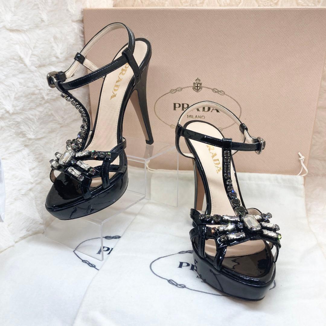 【美品♡】プラダ　22 パンプス　エナメル　ブラック　ビジュー　箱　保存袋付き
