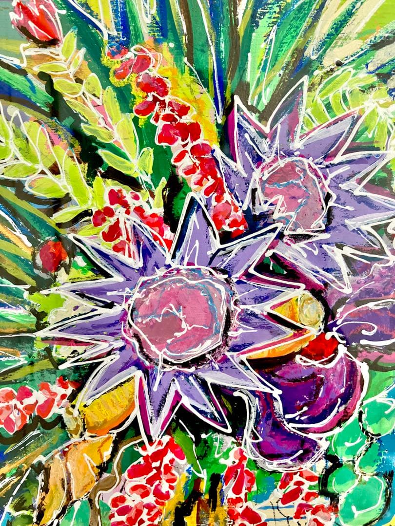 原画　花　額付き　静物画　絵画　アクリル画　現代アート　手描き　一点物