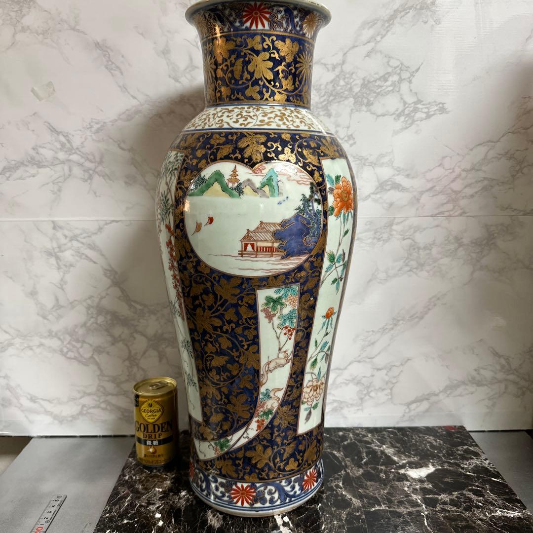 献上手、在名、特大、50センチ、古伊万里、金彩花鳥、人物、図、大花瓶。