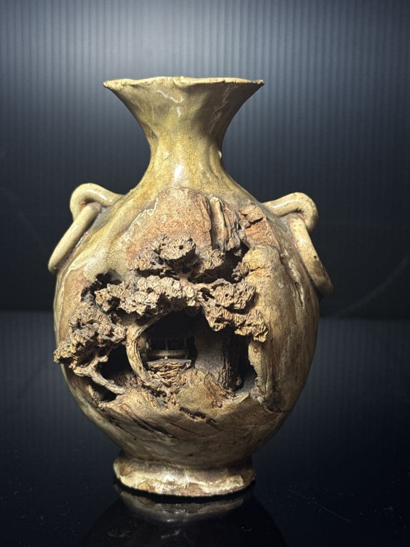 超絶技巧 宮島 一角 造 楼閣山水図 耳付 花瓶 共箱付 茶道具