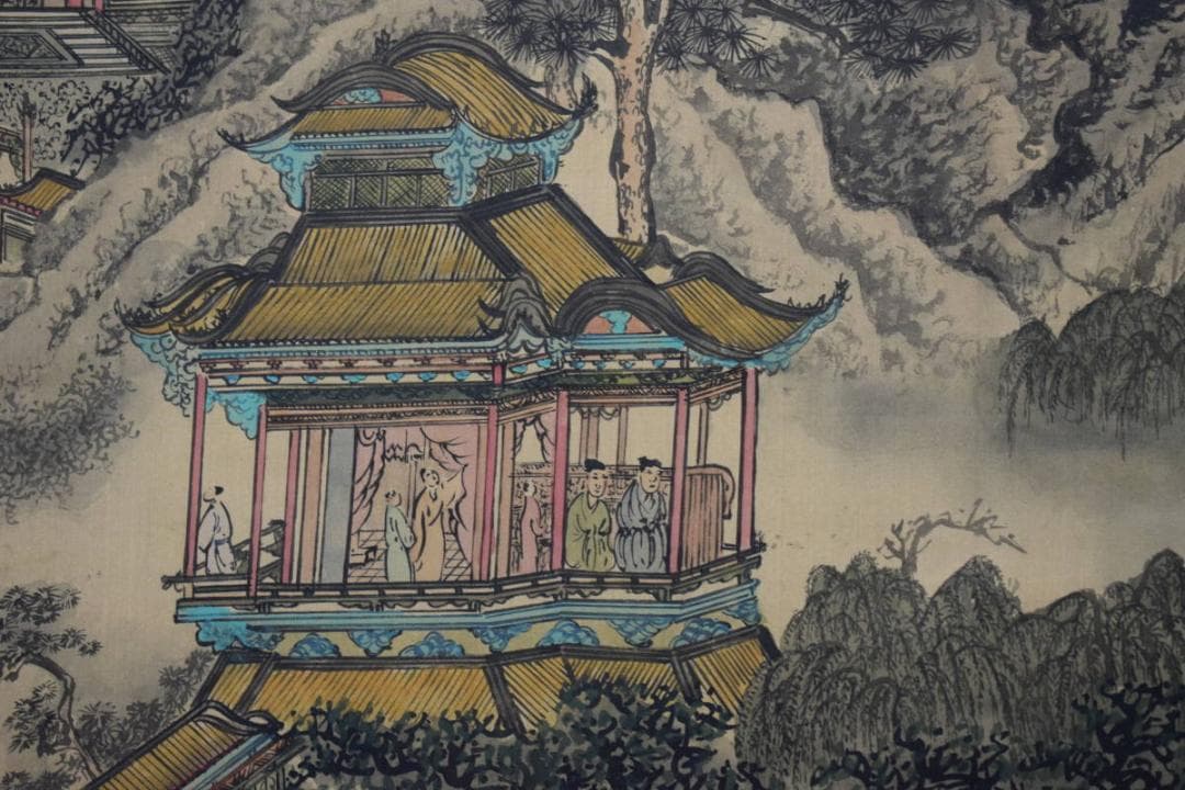 不詳/作者不詳/塔山水人物図/布袋屋掛軸HF-178