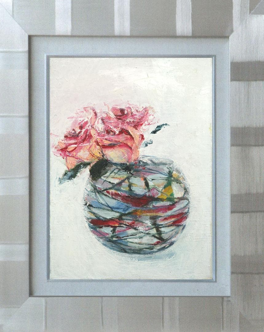 油絵 菅家令子 絵 絵画 インテリア 額付(銀) F4-070102 花 バラ