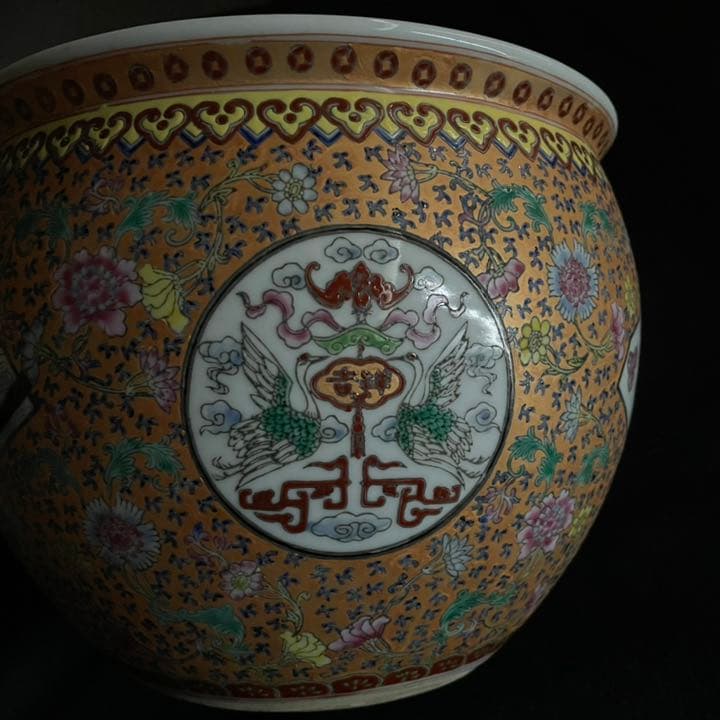 景徳鎮　鉢　百寿　百福　吉祥　手描き　粉彩　蝙蝠　鶴　中国　火鉢　陶器　焼物　書