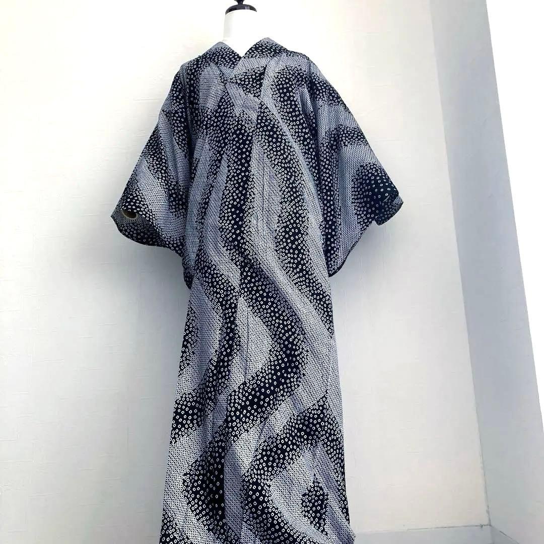 ひまわり 有松鳴海絞り　浴衣　白黒　絞りの曲線　手縫い　No.22-19