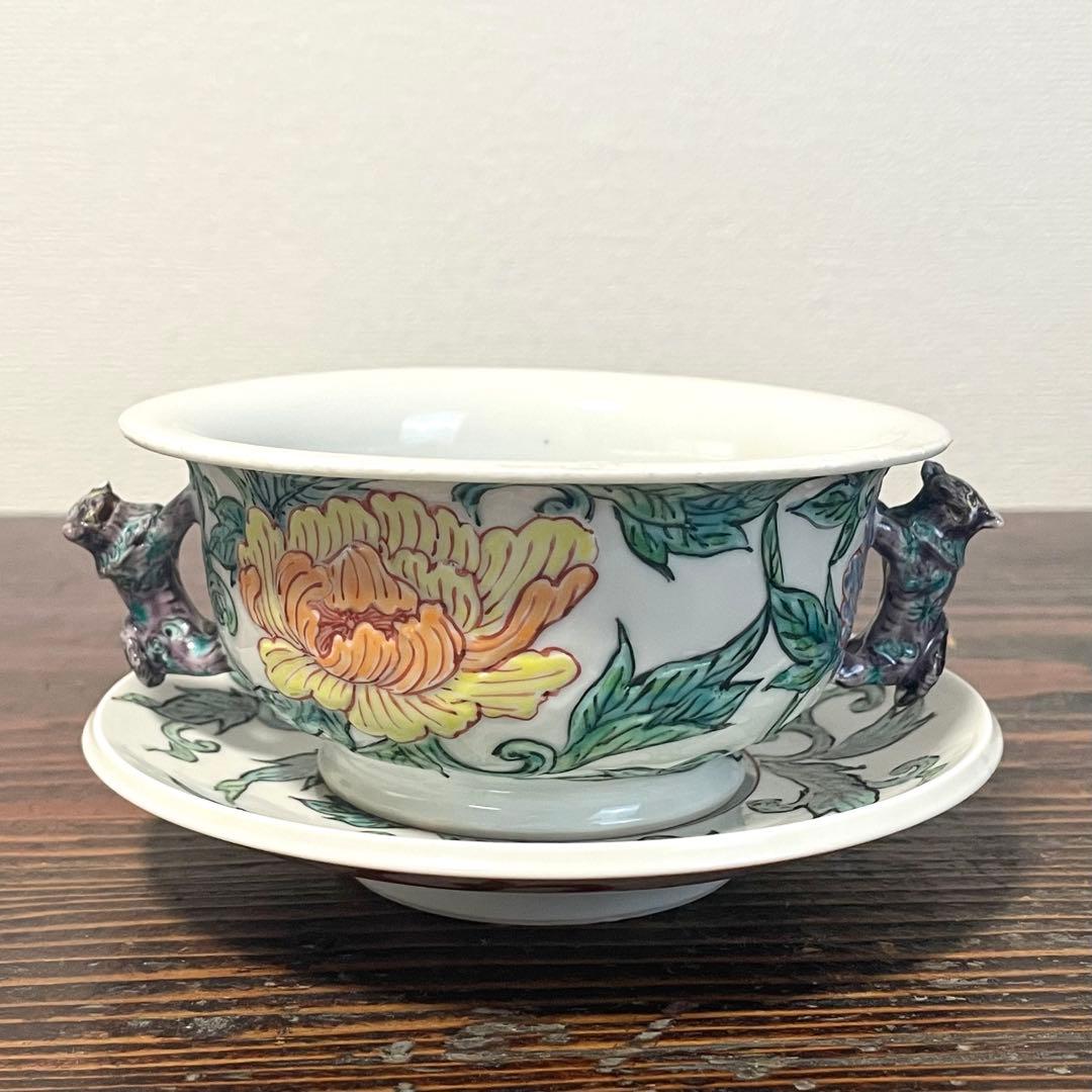 五代 清風与平？ 在銘 色絵 牡丹紋 唐獅子双耳 碗皿 詳細不明