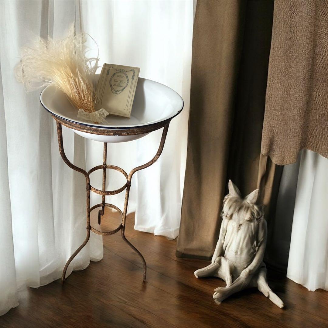 アンティーク ホーロー 洗面台　エナメルボウル 付き　三脚スタンド　琺瑯スタンド