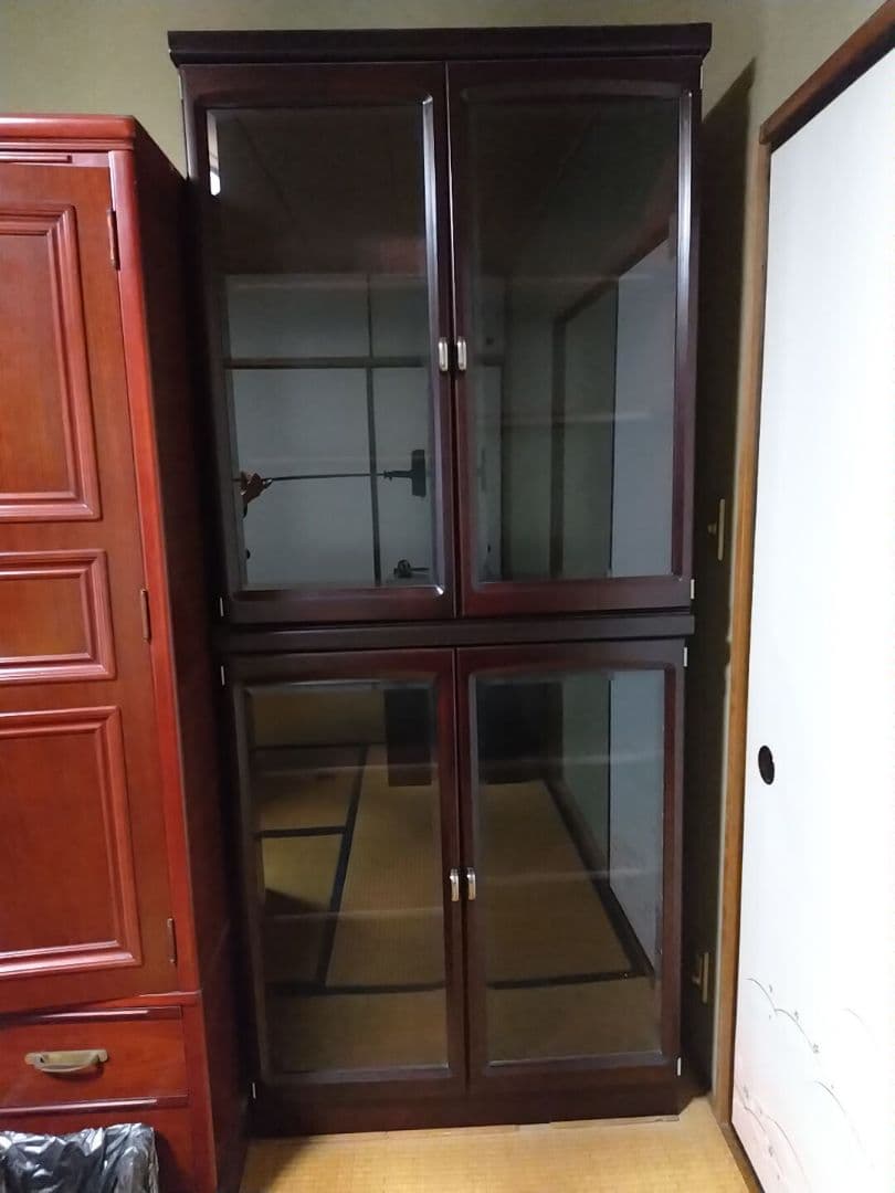 ダークブラウン 木製 ガラス扉本棚 200cm 上下分離可