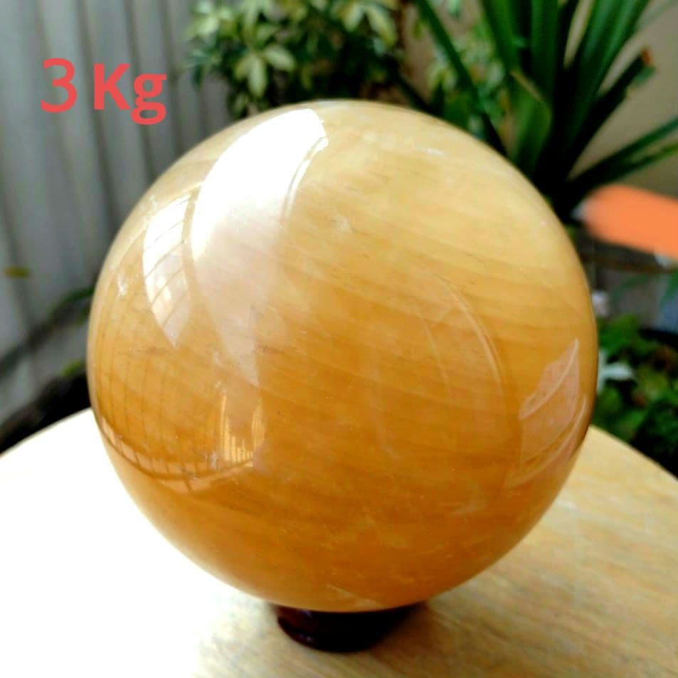 割引大特価☆虹入りハニーゴールデンカルサイト　丸玉　スフィア　３Kg　木製台座付