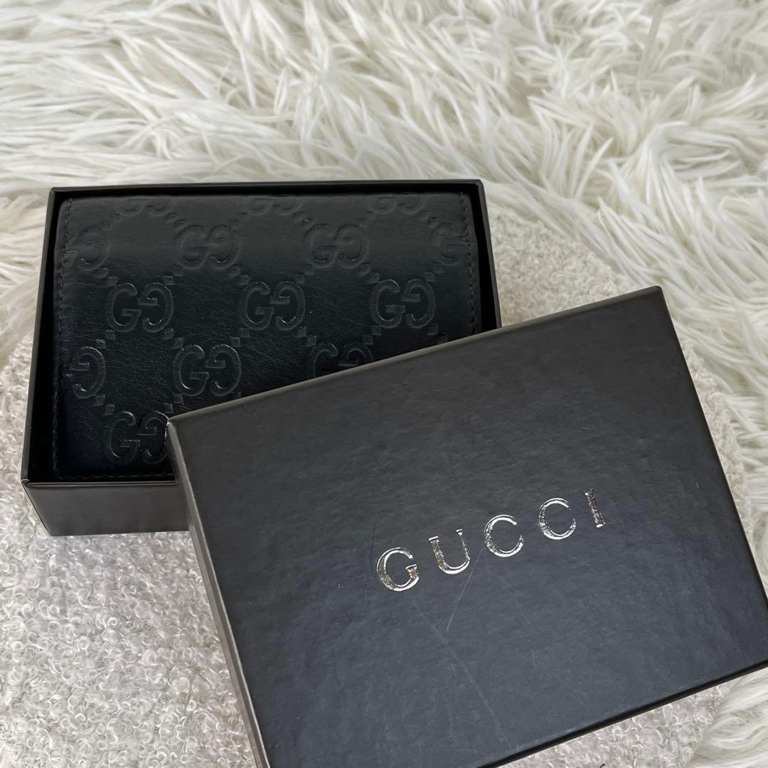 美品　GUCCI カードケース　シマ　レザー　GG柄　ブラック　箱付き