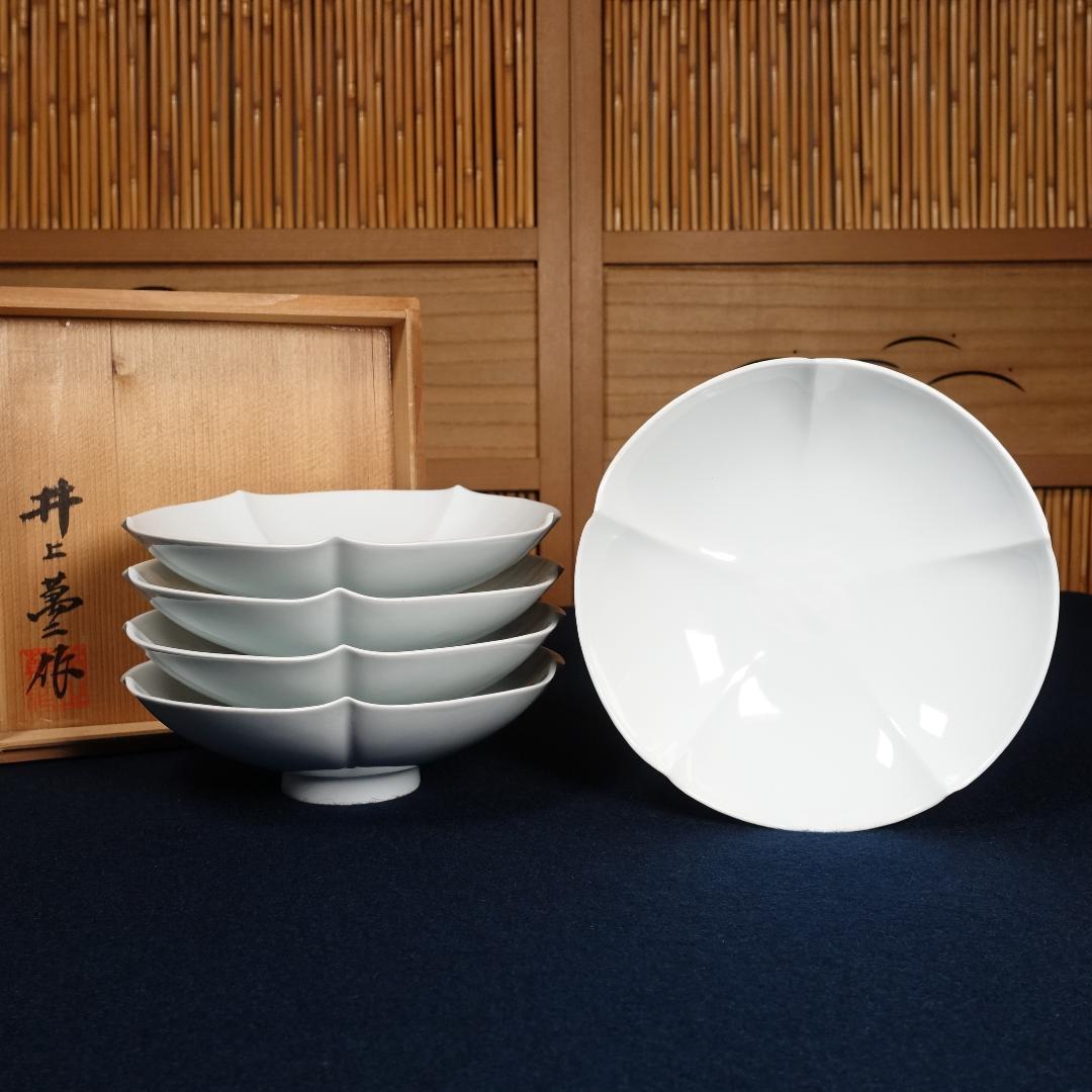 人間国宝 井上萬二 本人作 白磁花形銘々皿 5客 共箱