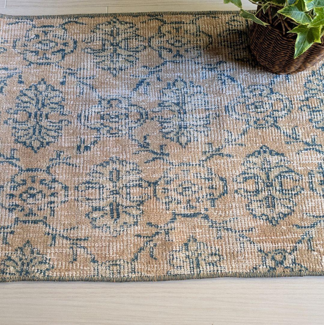 45×77 ベージュ地グリーン紋章柄　トルコヴィンテージラグ（ミニサイズ）