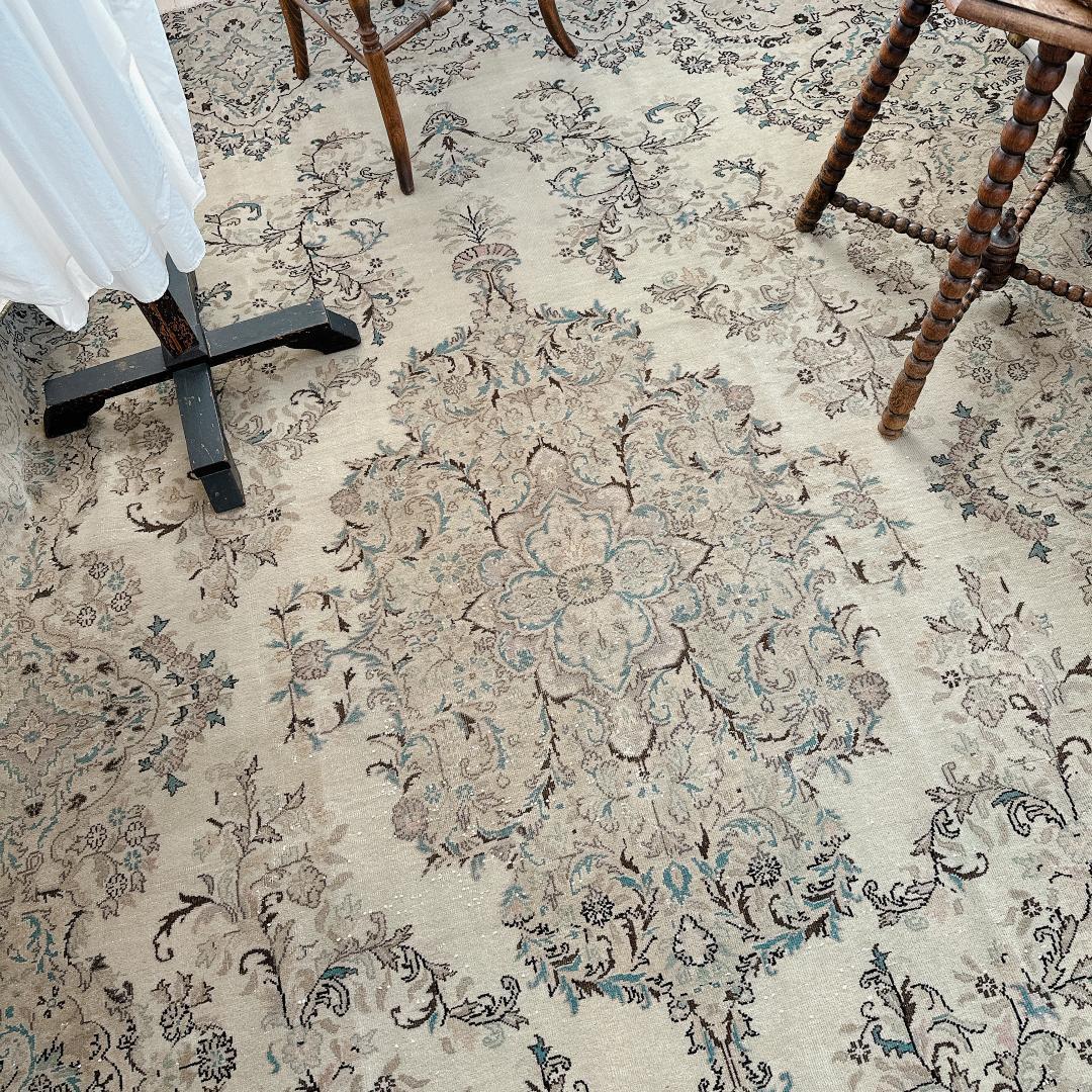 トルコヴィンテージラグ A76超大判 最高級 レア カイセリ グレージュ ブルー