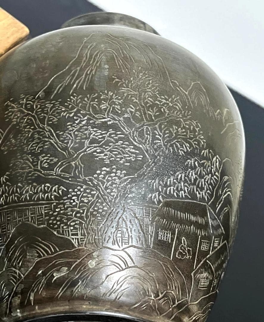 御錫屋天下一美作守款 一刀老人彫 　古錫　茶壷１８.５cm　茶心壺　茶入　煎茶