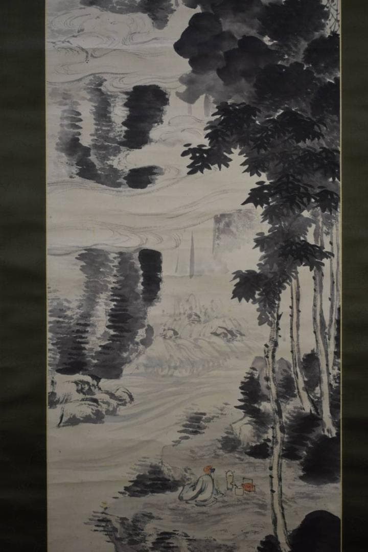 模写/中村竹渓/観瀑図/絹表装/軸先紫檀/布袋屋掛軸HD-732