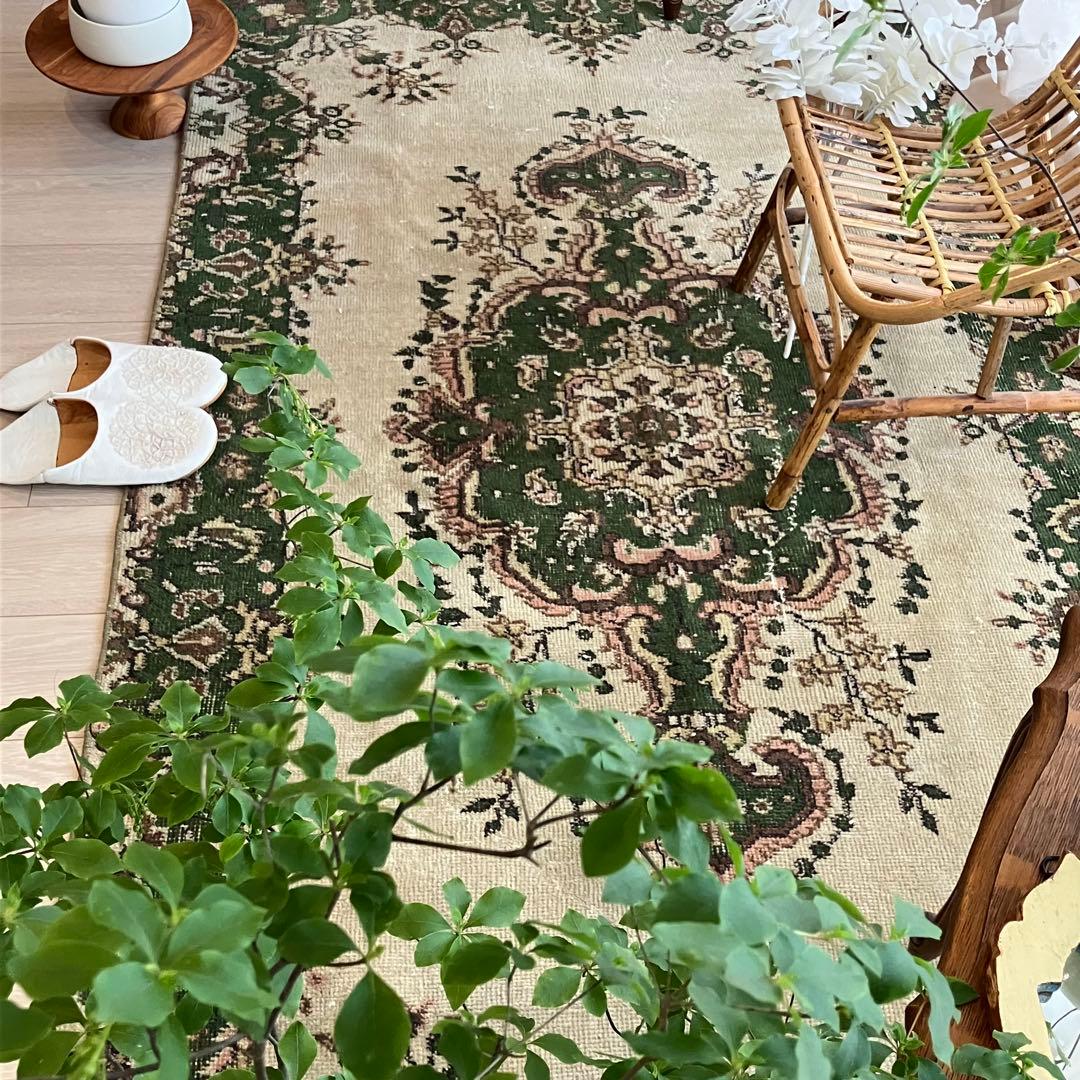 メダリオン113×199カーキ　リッチwool グリーン　トルコヴィンテージラグ