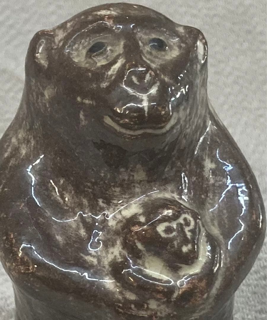 B203s  吉向焼　吉向松月造「親子瓦ざる」申香合　共布共箱　猿　茶道具香道具