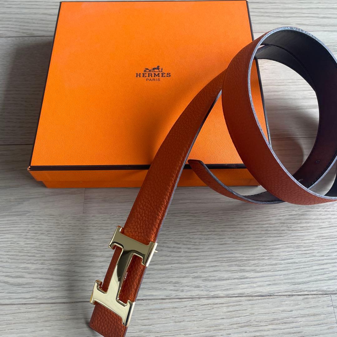 美品！HERMES オレンジ レザーベルト ゴールドバックル(新品)